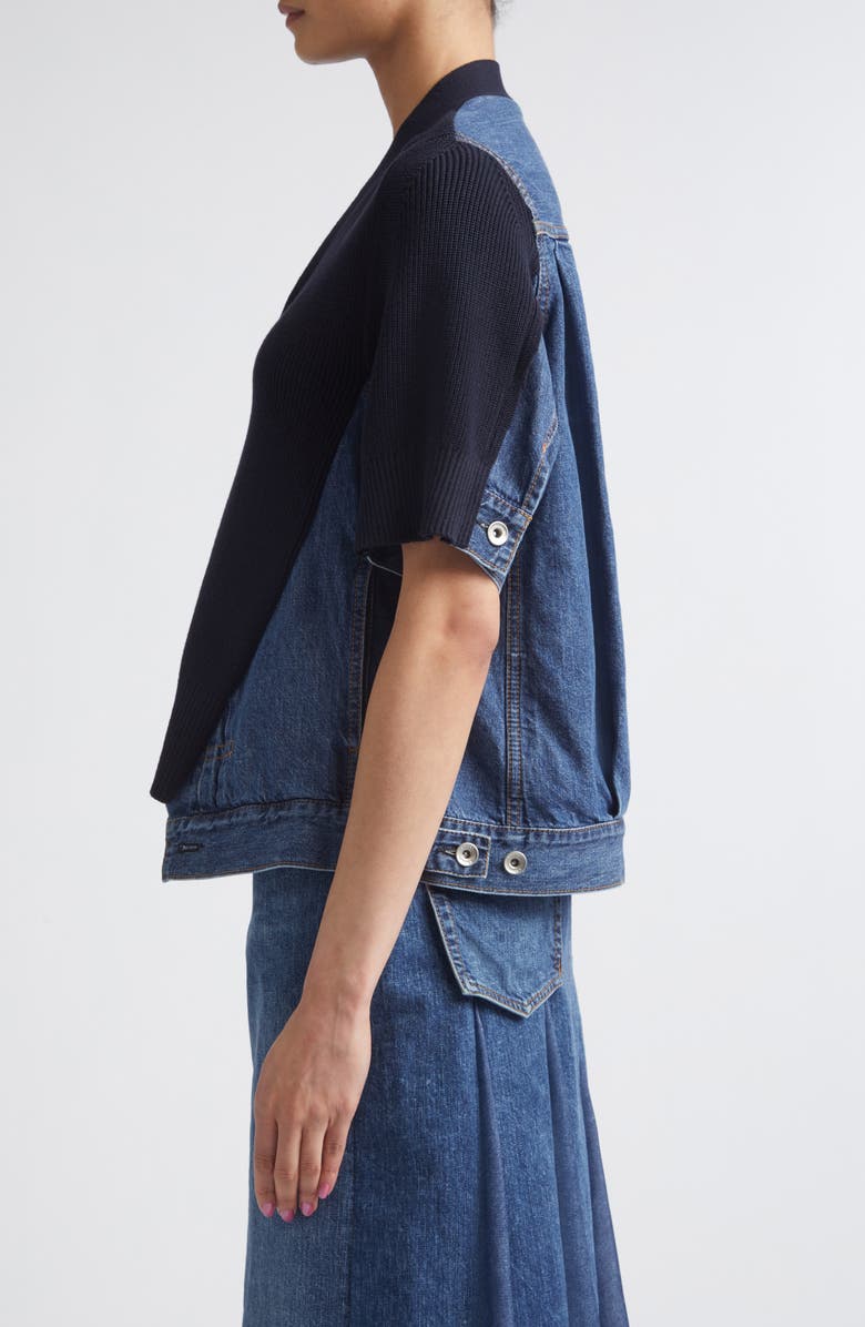 Sacai Mixed Media Knit & Denim Cardigan, Alternate, color, Navy/ Blue