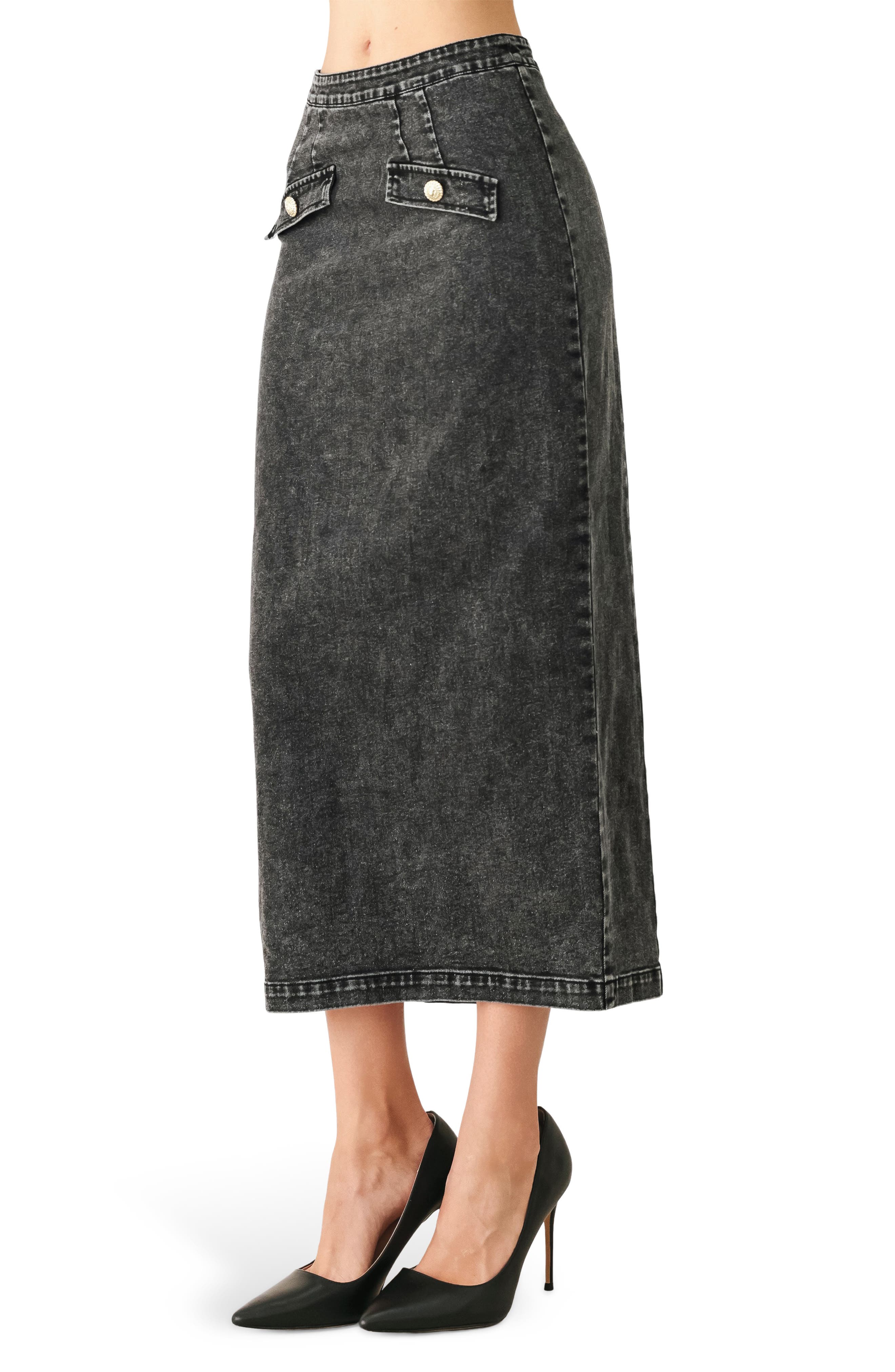 Acid-Washed Denim Pencil Midi Skirt