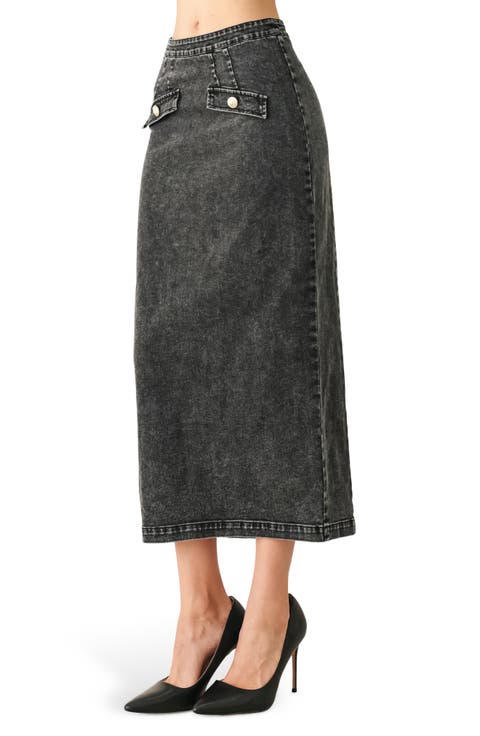 Acid-Washed Denim Pencil Midi Skirt