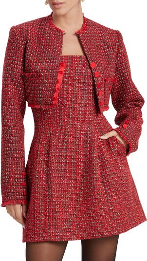 【CHICLINE 】RIGOT CROP JACKET LAYERED TWEED DRESS Bardot Karoline Bouclé Tweed Crop Jacket | Nordstrom