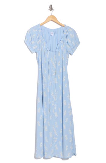 Melrose And Market Floral Tie Keyhole Puff Sleeve Midi Dress In Blue- Ivory Maisie Leaves