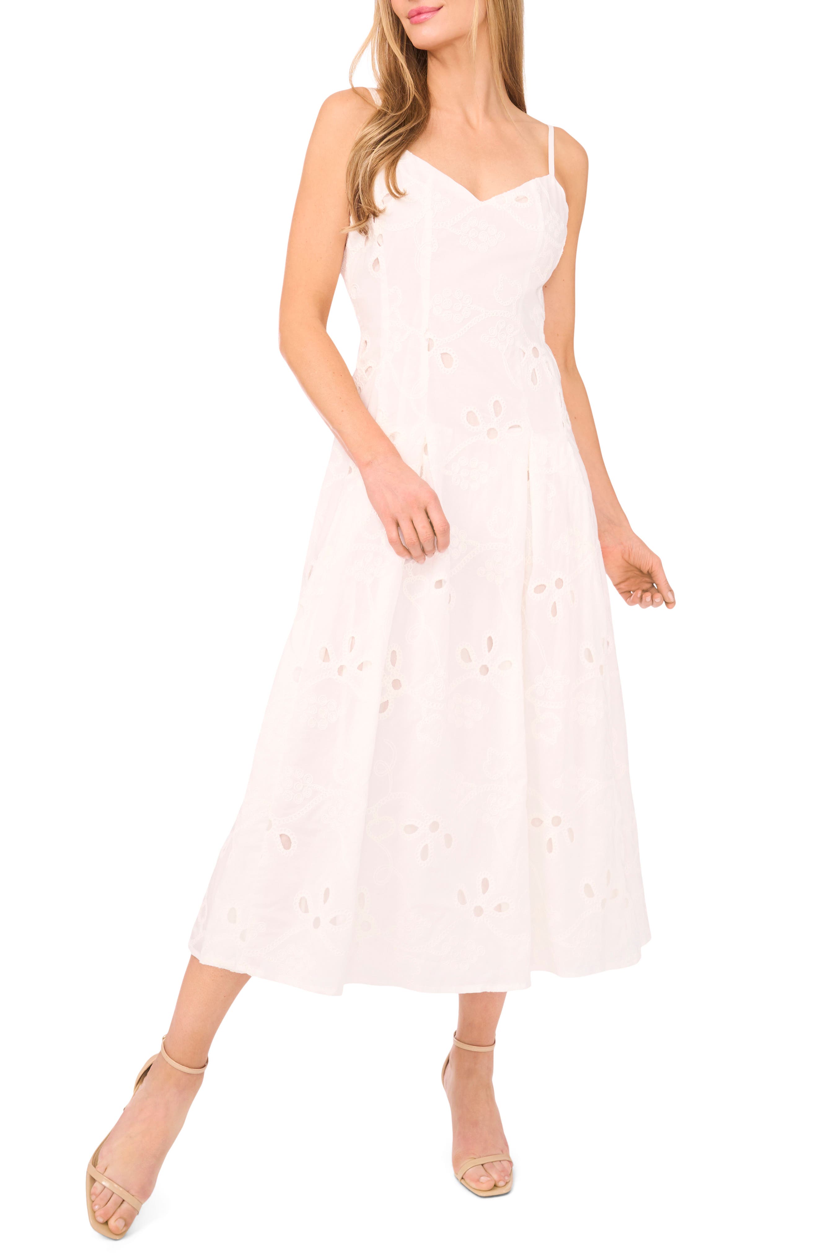 CeCe Embroidered Godet Pleat Cotton A-Line Dress