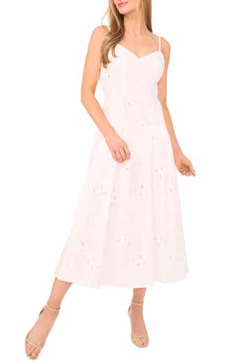 CeCe Embroidered Godet Pleat Cotton A-Line Dress