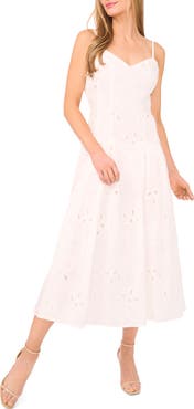 CeCe Embroidered Godet Pleat Cotton A-Line Dress