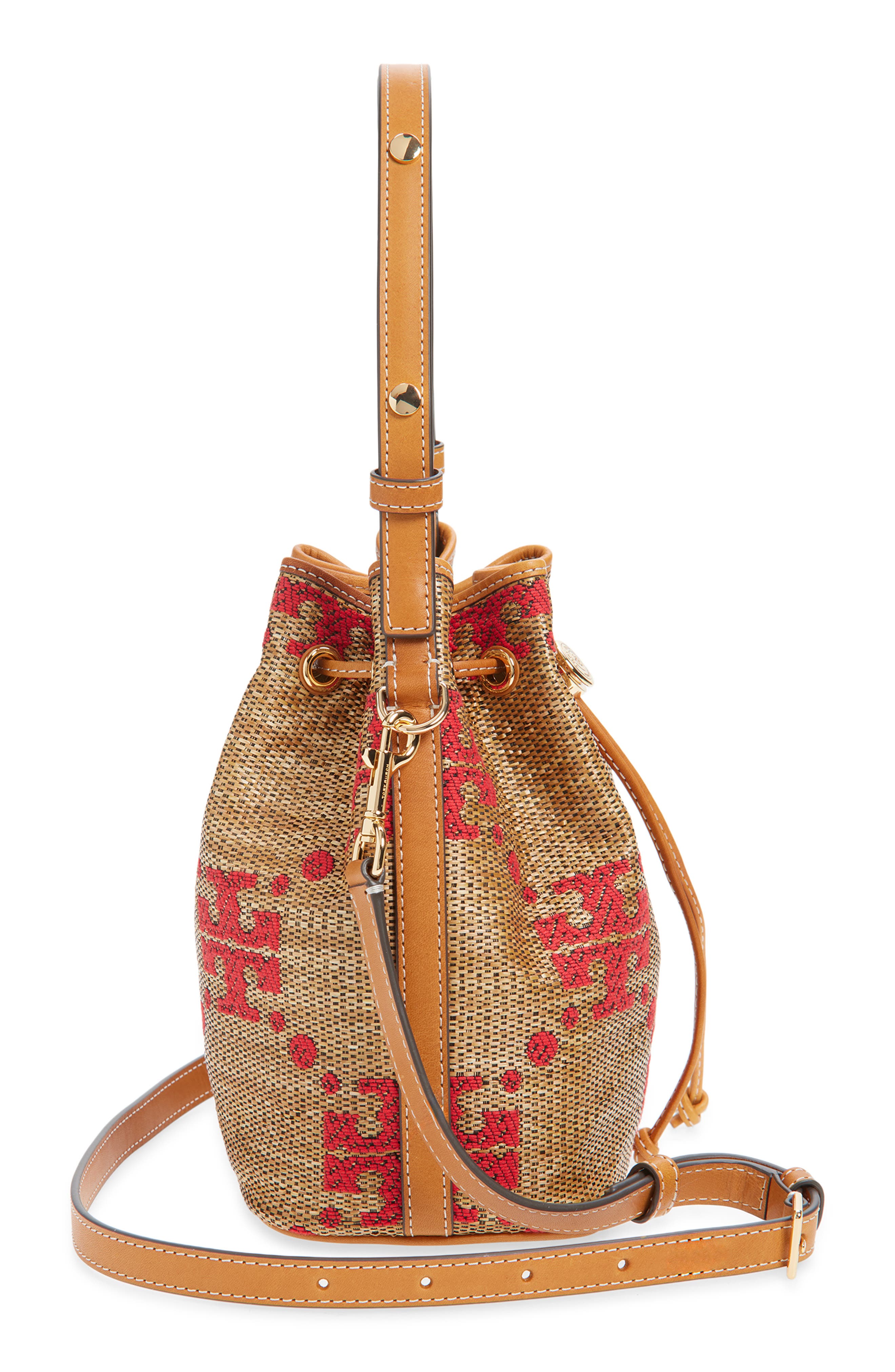 Tory Burch T Monogram Straw Bucket Bag, Alternate, color, Natural