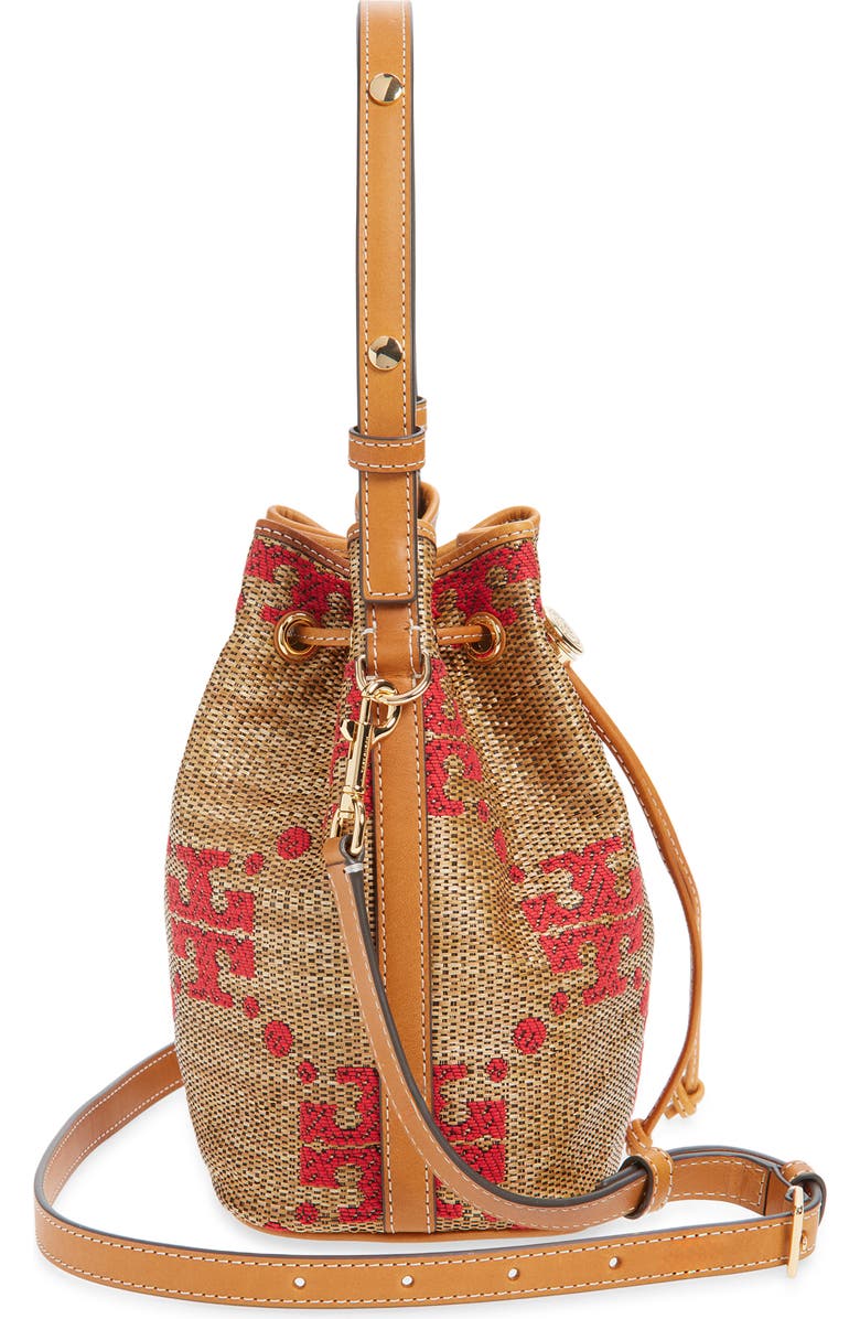 Tory Burch T Monogram Straw Bucket Bag, Alternate, color, Natural