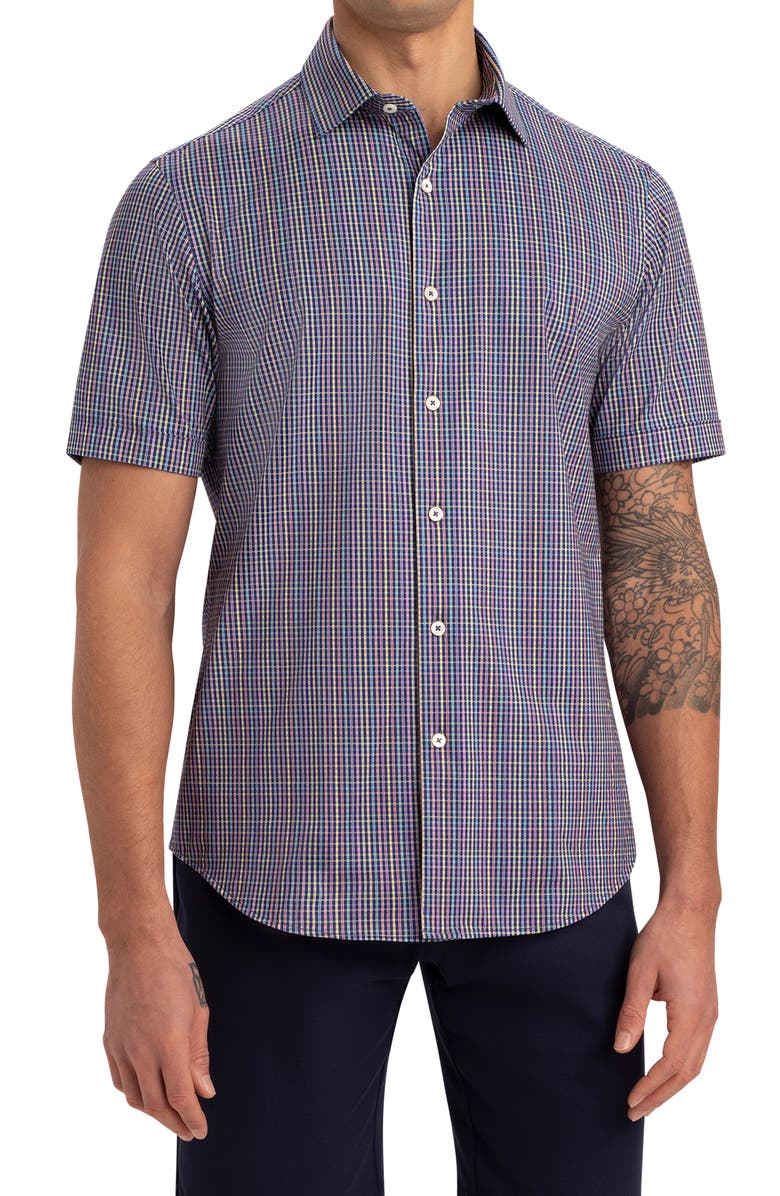 Bugatchi Tech Check Print Short Sleeve Stretch Cotton Button-Up Shirt, Main, color, 
