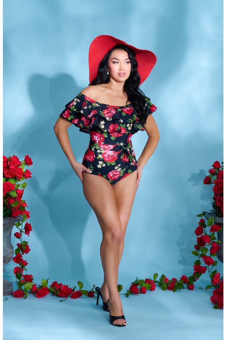 Off Shoulder Nantucket Swimsuit, Alternate, color, Black Cabbage Rose Print