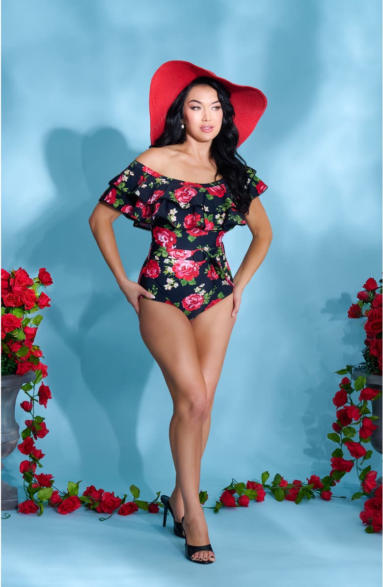 Unique Vintage Off Shoulder Nantucket Swimsuit, Alternate, color, Black Cabbage Rose Print