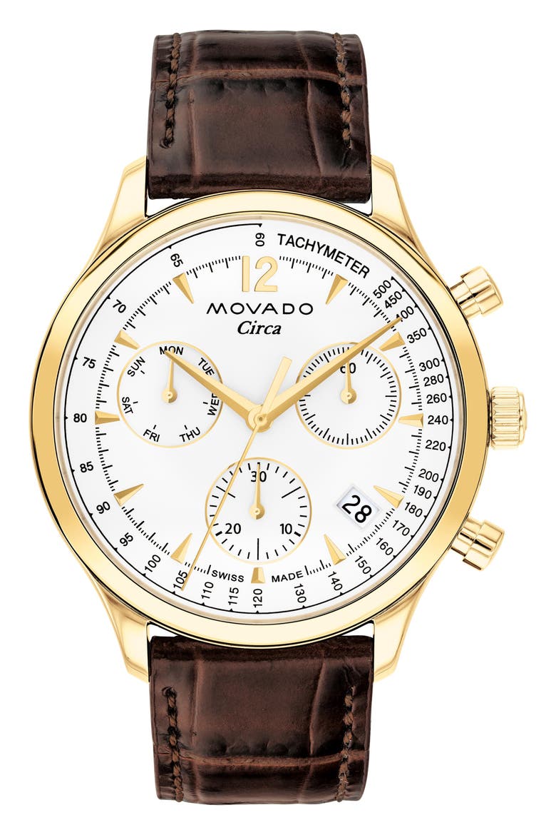Circa Chronograph Leather Strap Watch, 43mm, Main, color, WHITE