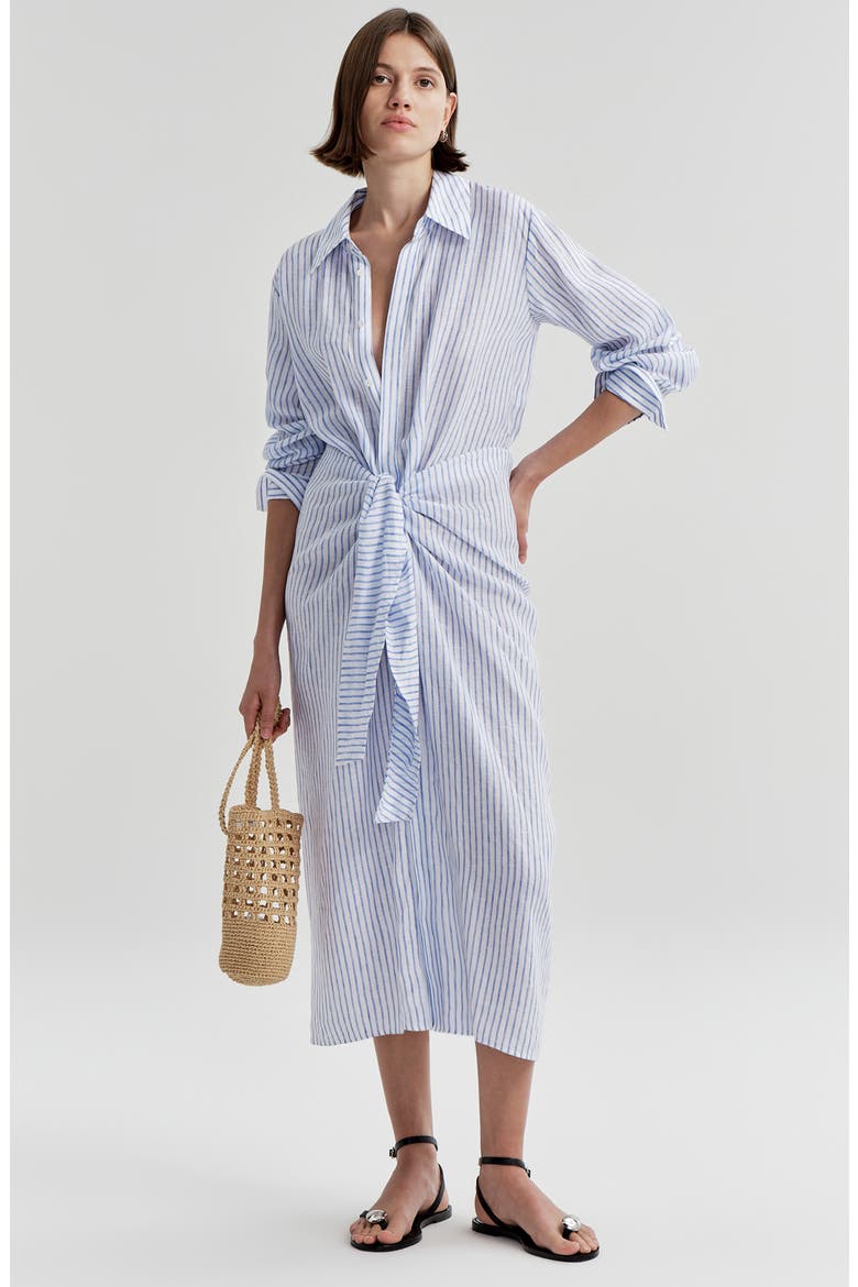 Mila Striped Linen Midi Shirtdress, Alternate, color, WHITE/ CLASSIC BLUE