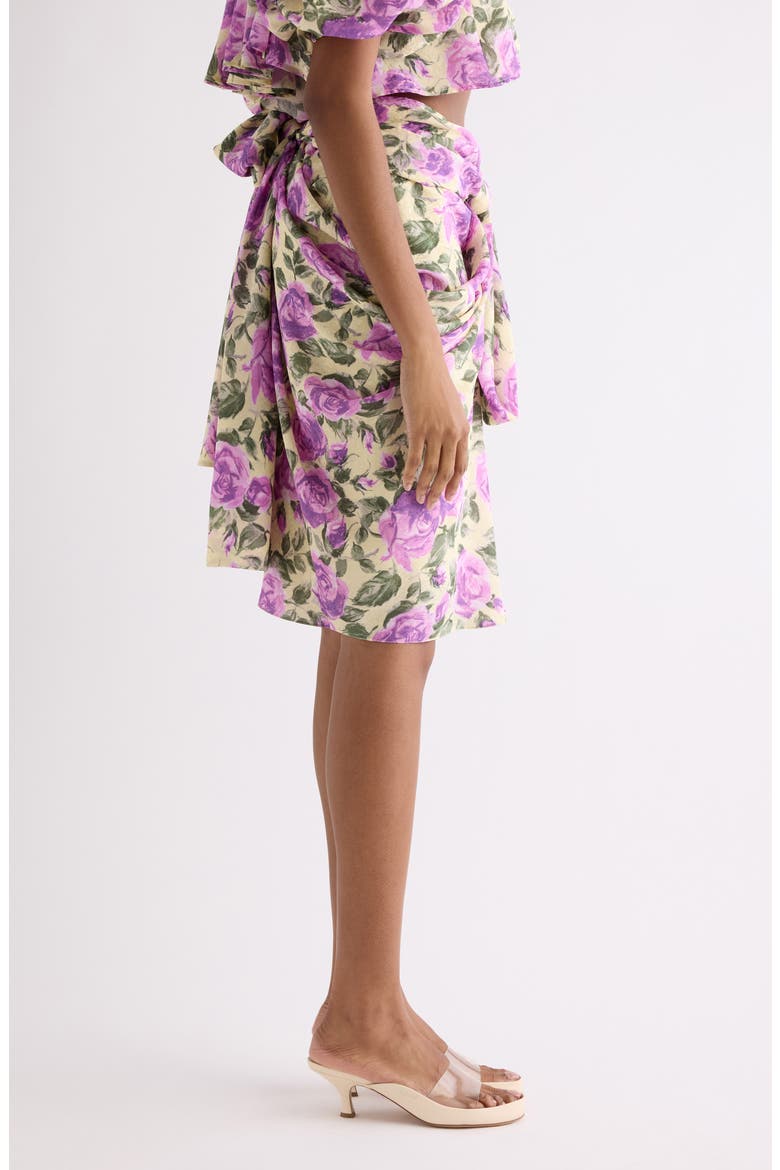 Rose Print Gathered Silk Satin Skirt, Alternate, color, YELLOW - PURPLE