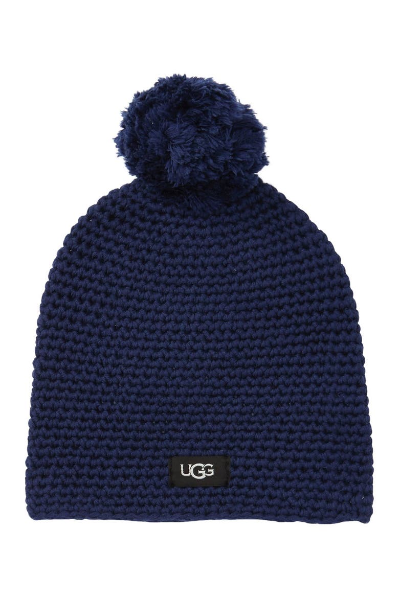 Yarn Pompom Knit Beanie, Main, color, NAVY
