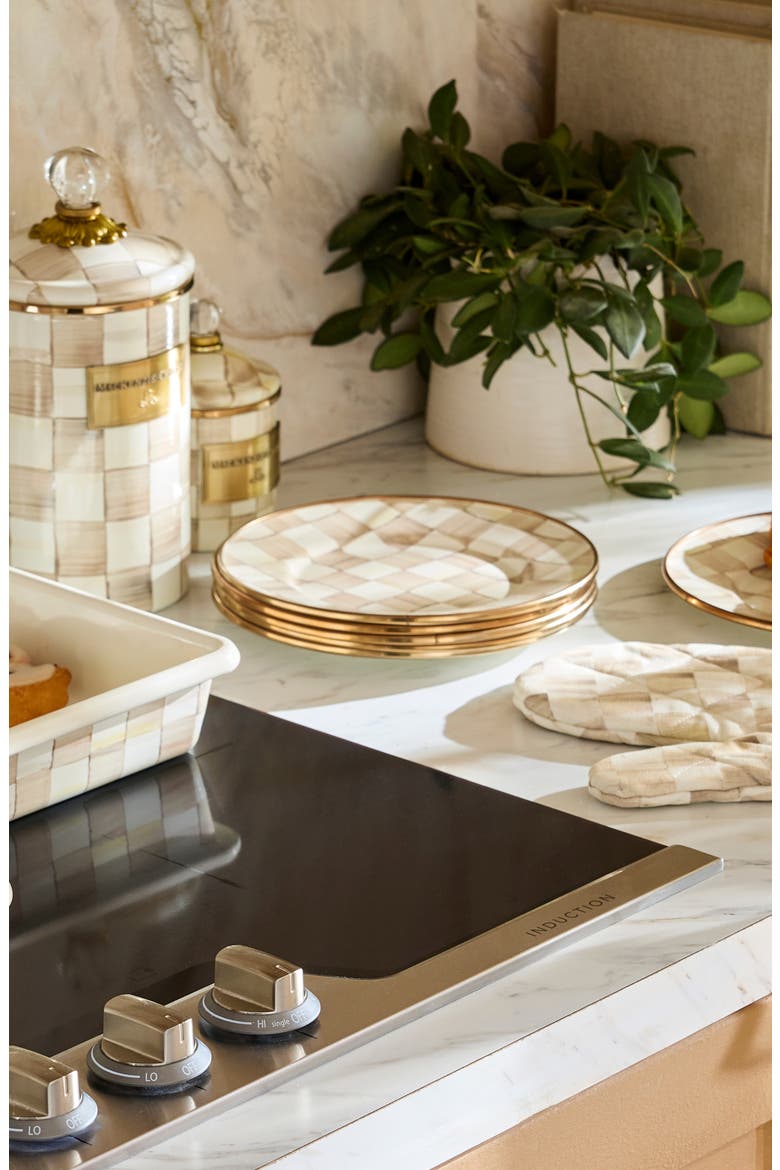 Mocha Check Set of 4 Enameled Steel Appetizer Plates, Alternate, color, MOCHA