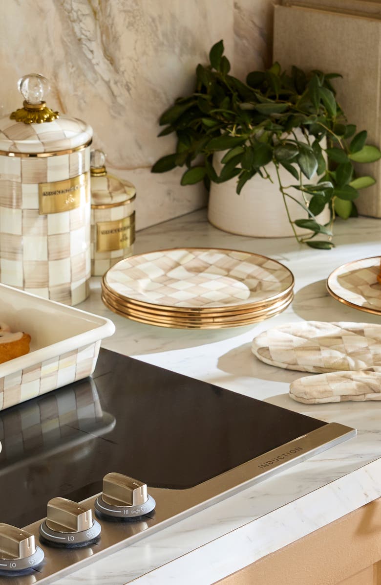 MACKENZIE CHILDS Mocha Check Set of 4 Enameled Steel Appetizer Plates, Alternate, color, Mocha