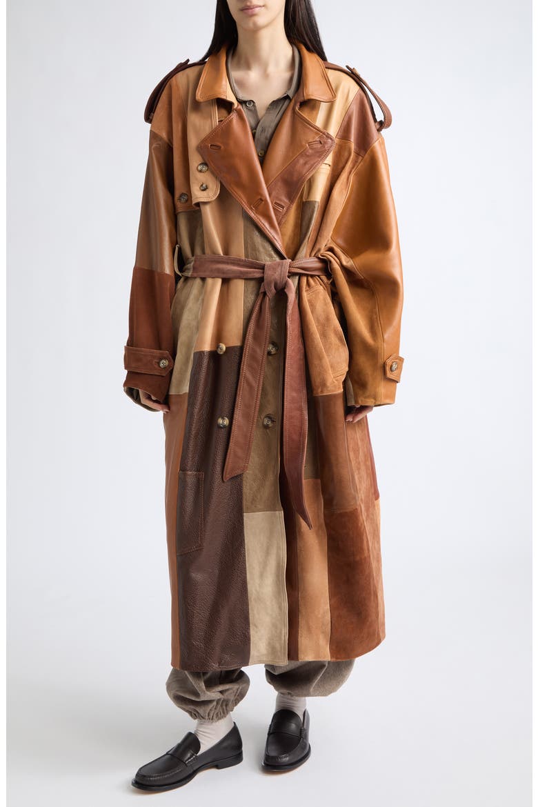 Patchwork Leather Trench Coat, Alternate, color, AMBER LEATHER PATCHWORK