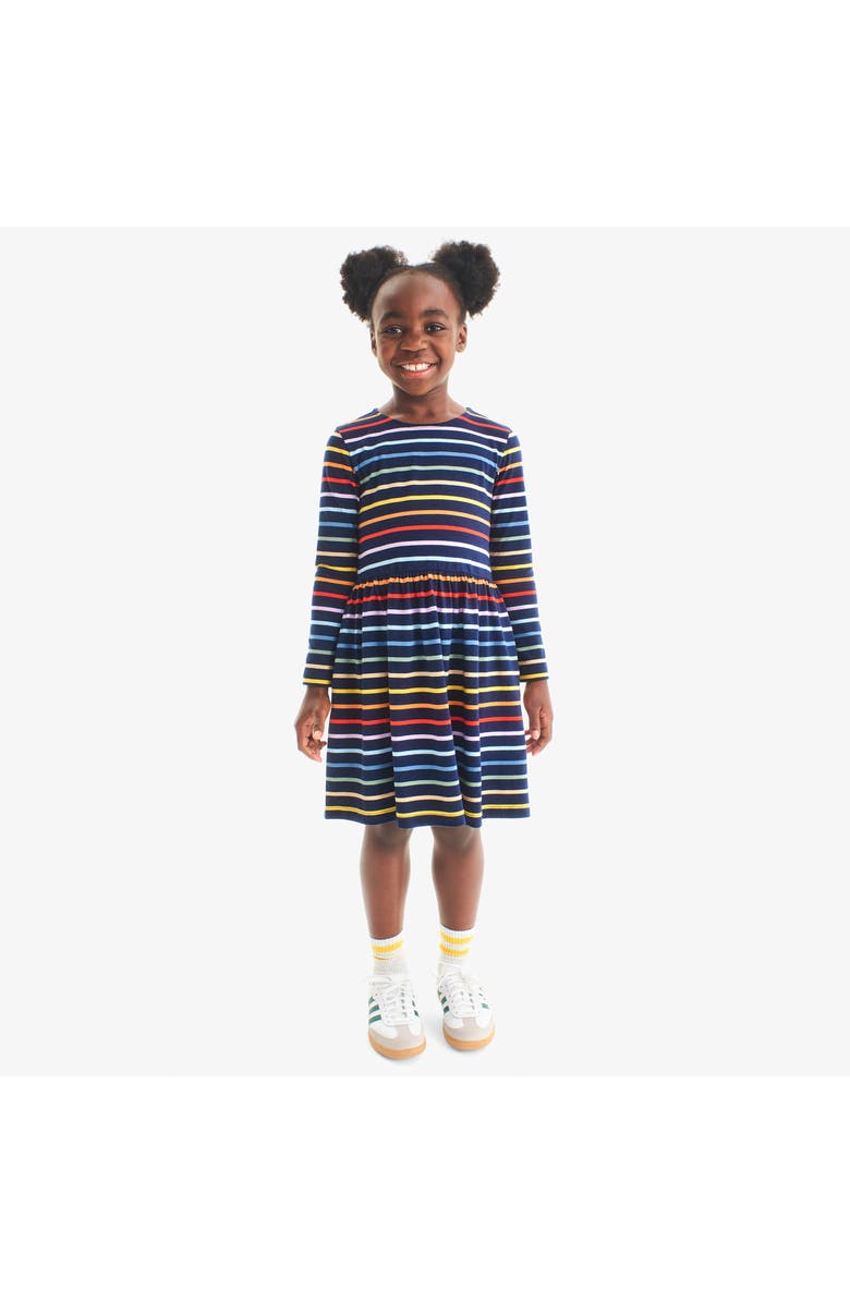 Primary Kids Long Sleeve Perfect Pocket Dress In Rainbow Stripe, Alternate, color, Navy/Rainbow Stripe