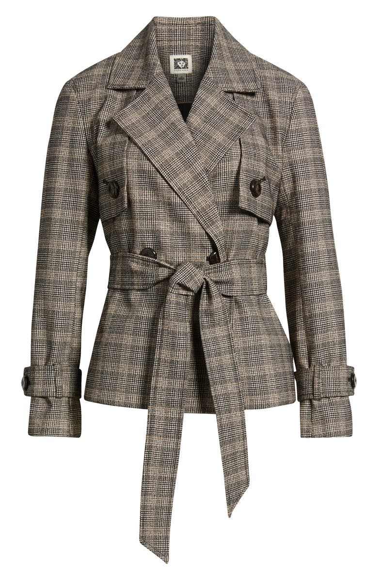 Anne Klein Plaid Belted Short Trench Coat, Alternate, color, Anne Black Multi