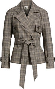 Anne Klein Plaid Belted Short Trench Coat
