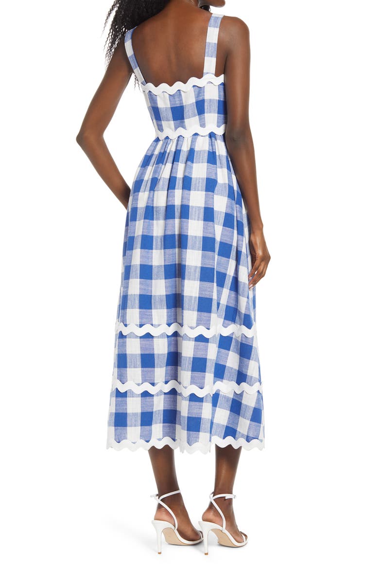 Rickrack Trim Gingham Midi Dress, Alternate, color, BLUE