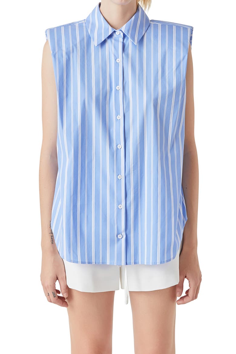 Stripe Power Shoulder Sleeveless Button-Up Shirt, Alternate, color, BLUE/ WHITE