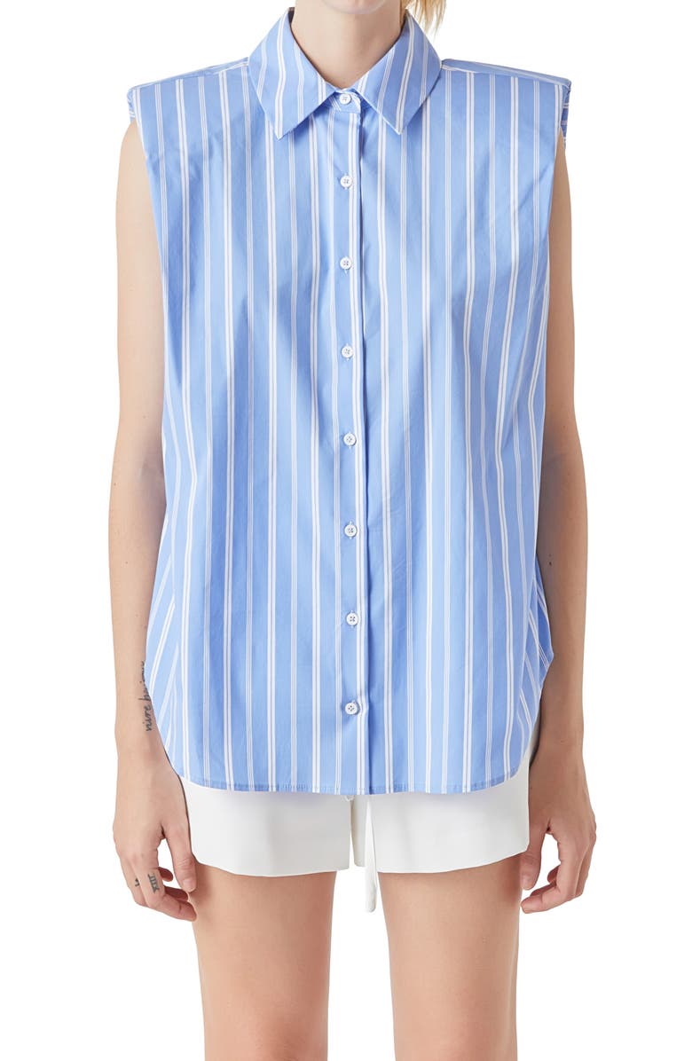 Grey Lab Stripe Power Shoulder Sleeveless Button-Up Shirt, Alternate, color, Blue/ White