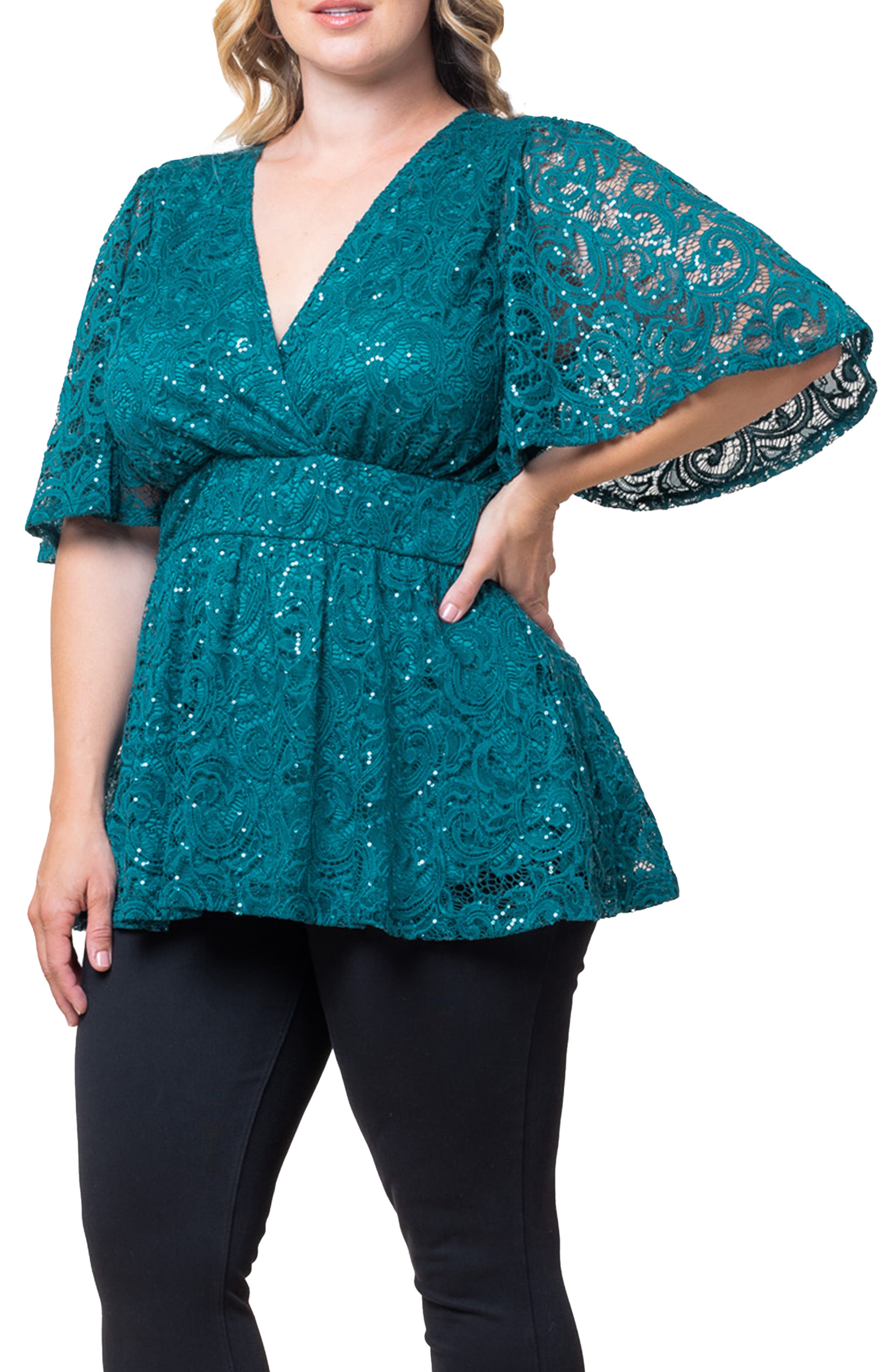 Kiyonna Stardust Sequin Lace Peplum Top in Teal Topaz 