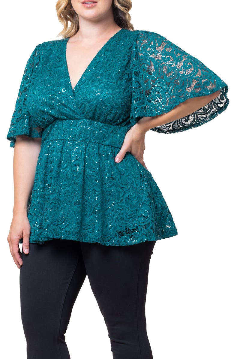 Kiyonna Stardust Sequin Lace Peplum Top, Main, color, Teal Topaz