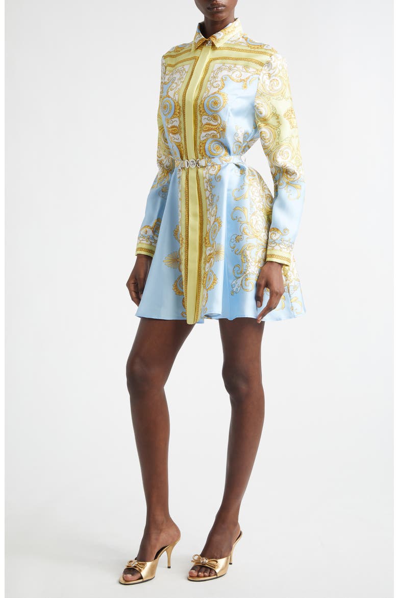 Barocco Print Belted Long Sleeve Silk Shirtdress, Main, color, PALE YELLOW PASTEL BLUE