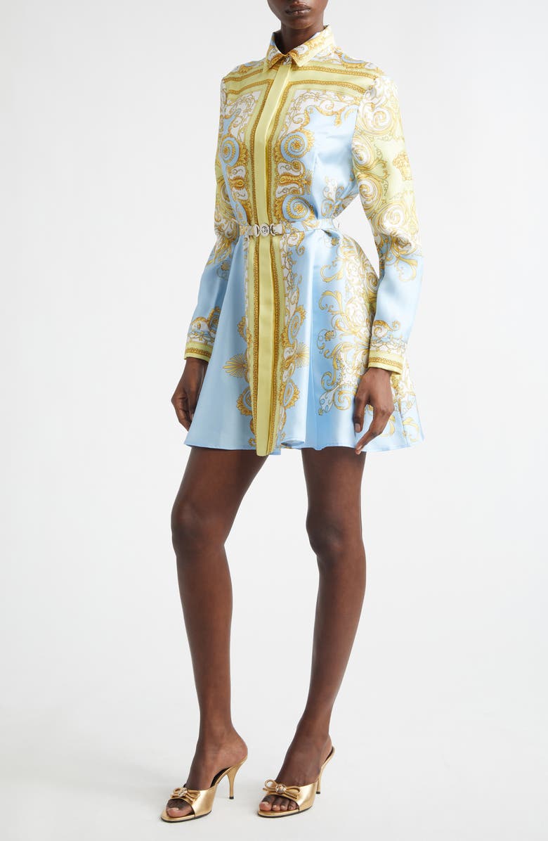 Versace Barocco Print Belted Long Sleeve Silk Shirtdress, Main, color, Pale Yellow Pastel Blue