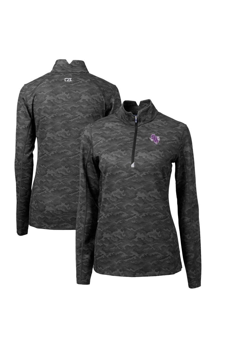 Women's Cutter & Buck Black Stephen F Austin Lumberjacks Traverse Camo Quarter-Zip Pullover Top, Main, color, Black