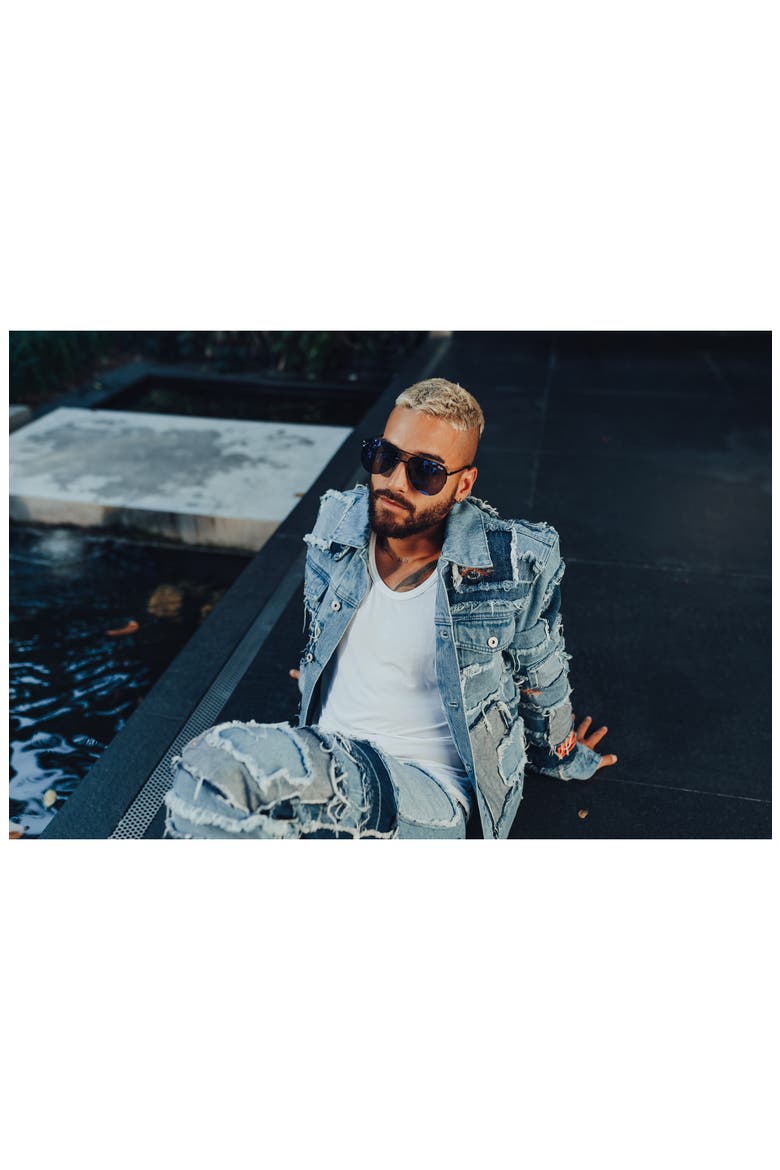 Australia x Maluma The Playa 56mm Aviator Sunglasses, Alternate, color, MATTE BLACK / COBALT MIRROR