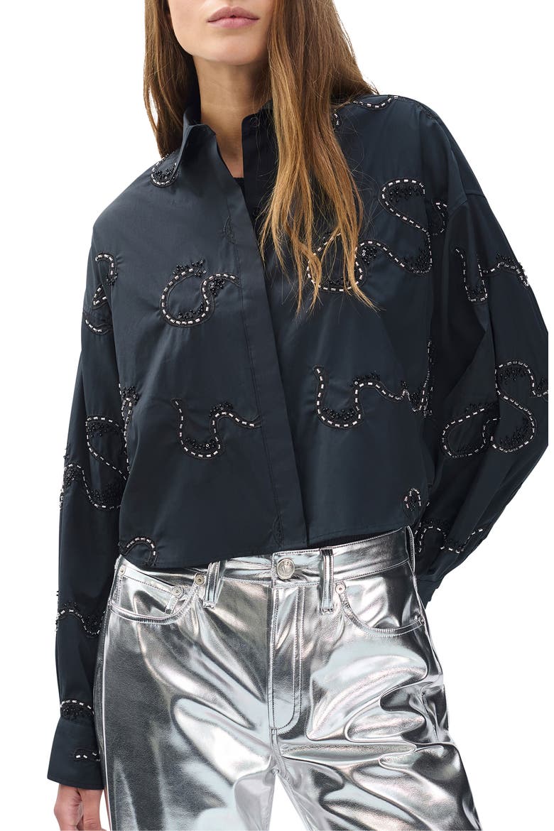Beatrice Beaded Embroidered Button-Up Shirt, Main, color, BLACK EMBROIDERED