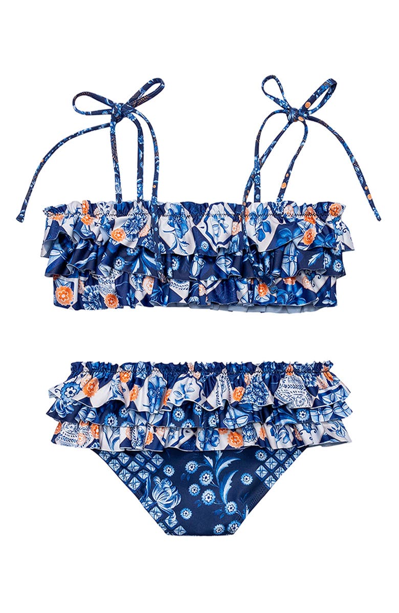 Agua Bendita Kids' Azure Moniz Ruffle Two-Piece Swimsuit, Alternate, color, Blue Multicolor