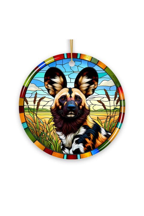 Savannah Wild Dog Stained Glass Style Ceramic Ornament