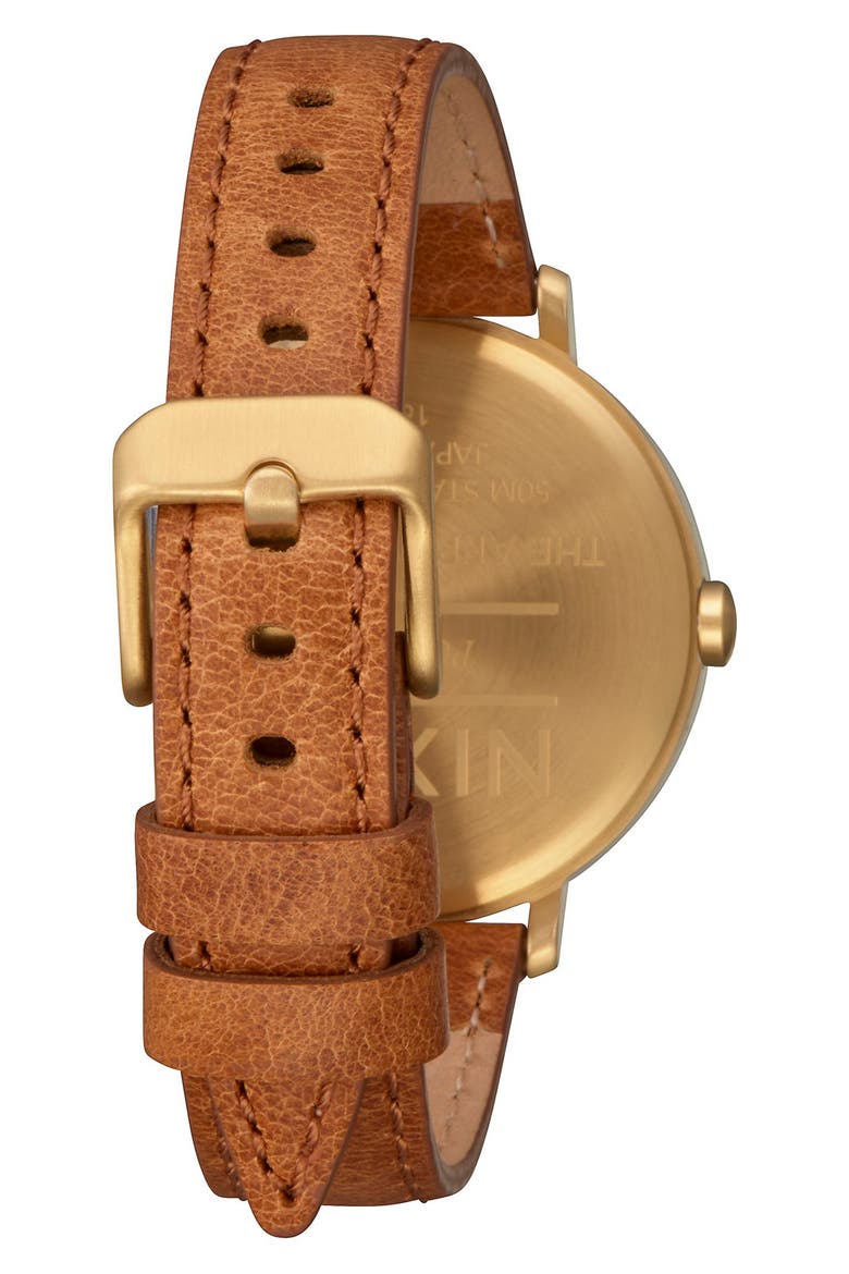 The Arrow Leather Strap Watch, 38mm, Alternate, color, GOLD / WHITE / SADDLE