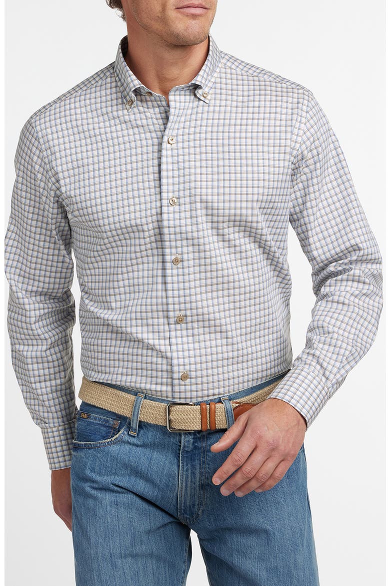 Check Cotton Twill Button-Down Shirt, Main, color, DUNE/ BLUE