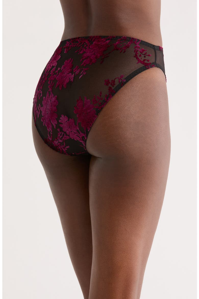 Floral Flocked High Waist Briefs, Alternate, color, BLACK-BOYSENBERRY