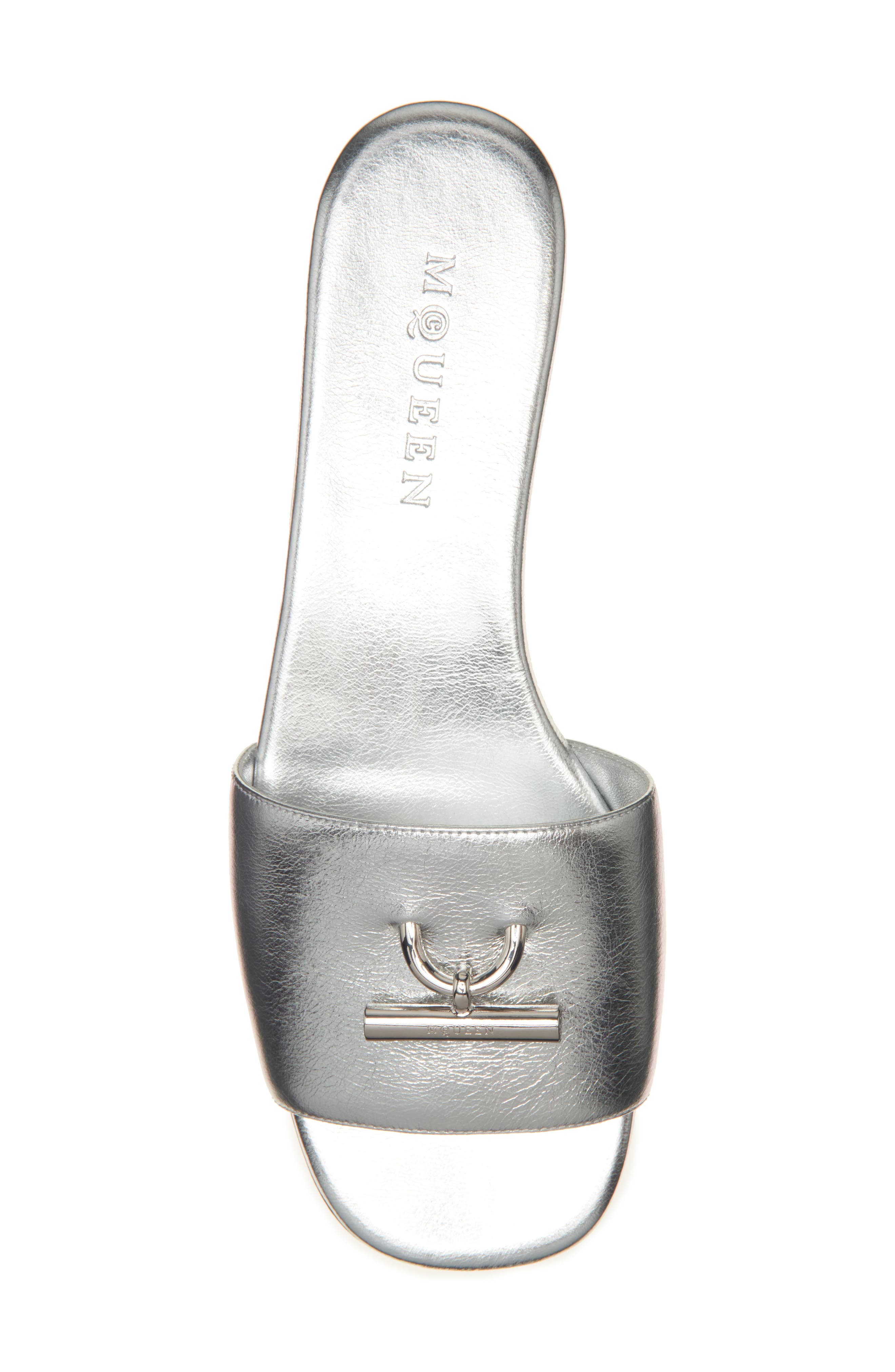 McQueen Metallic Leather Slide Sandal, Alternate, color, Silver/ Silver