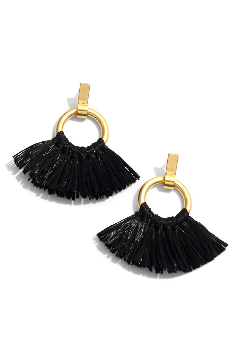 Raffia Tassel Hoop Earrings, Main, color, TRUE BLACK