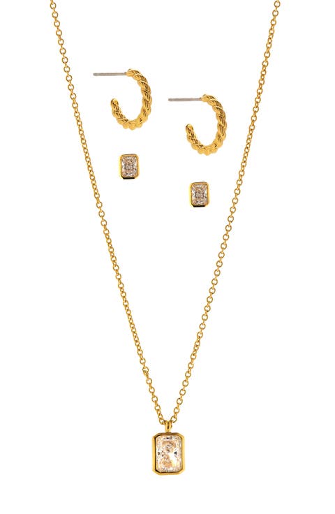 18K Yellow Gold Plated CZ Pendant Necklace & Earrings Set