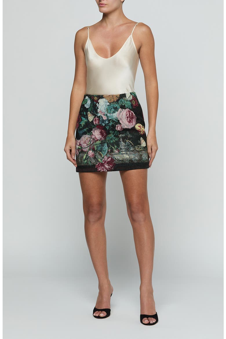 Marseille Floral Tapestry Cotton Blend Miniskirt, Alternate, color, BLACK MULTI ROSE VASE TAPESTRY