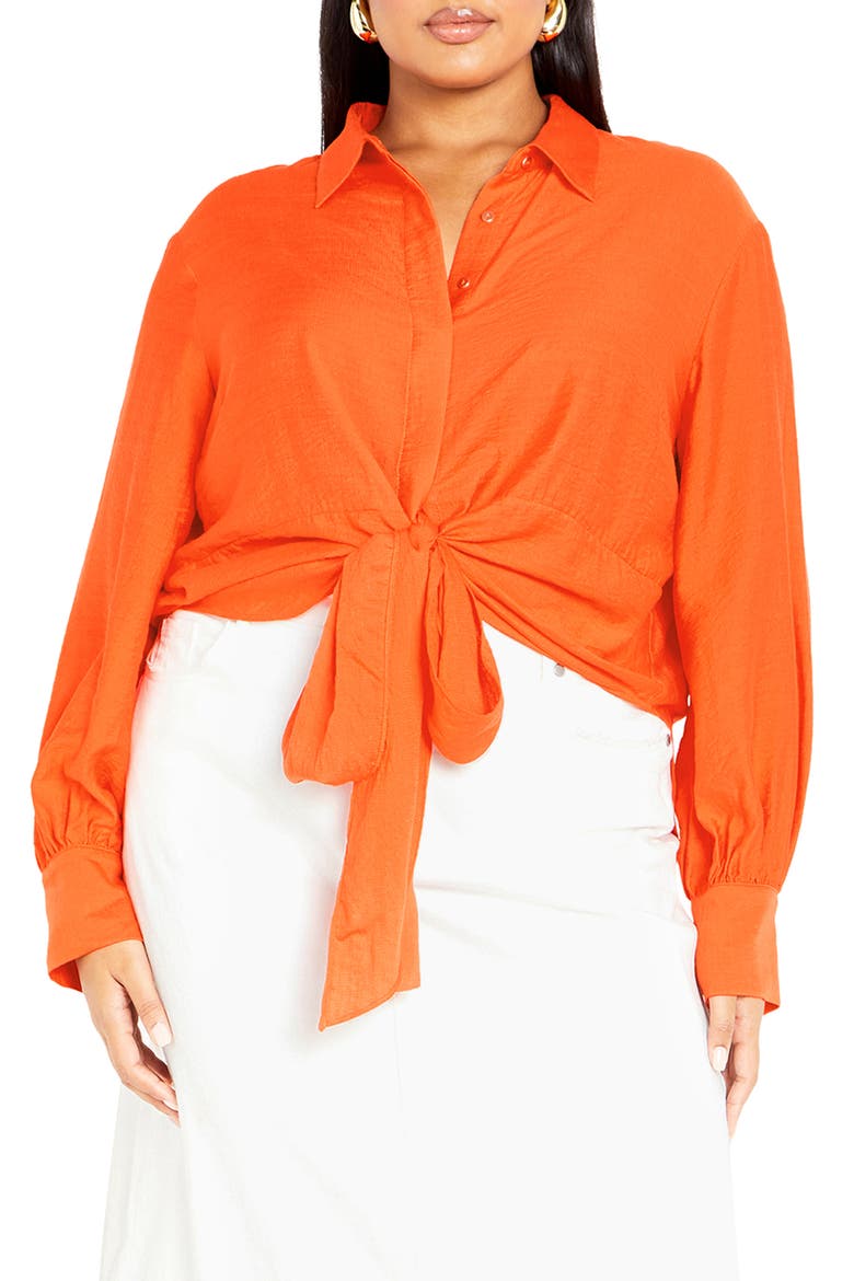 Rosabella Tie Hem Button-Up Shirt, Main, color, TANGERINE TANGO