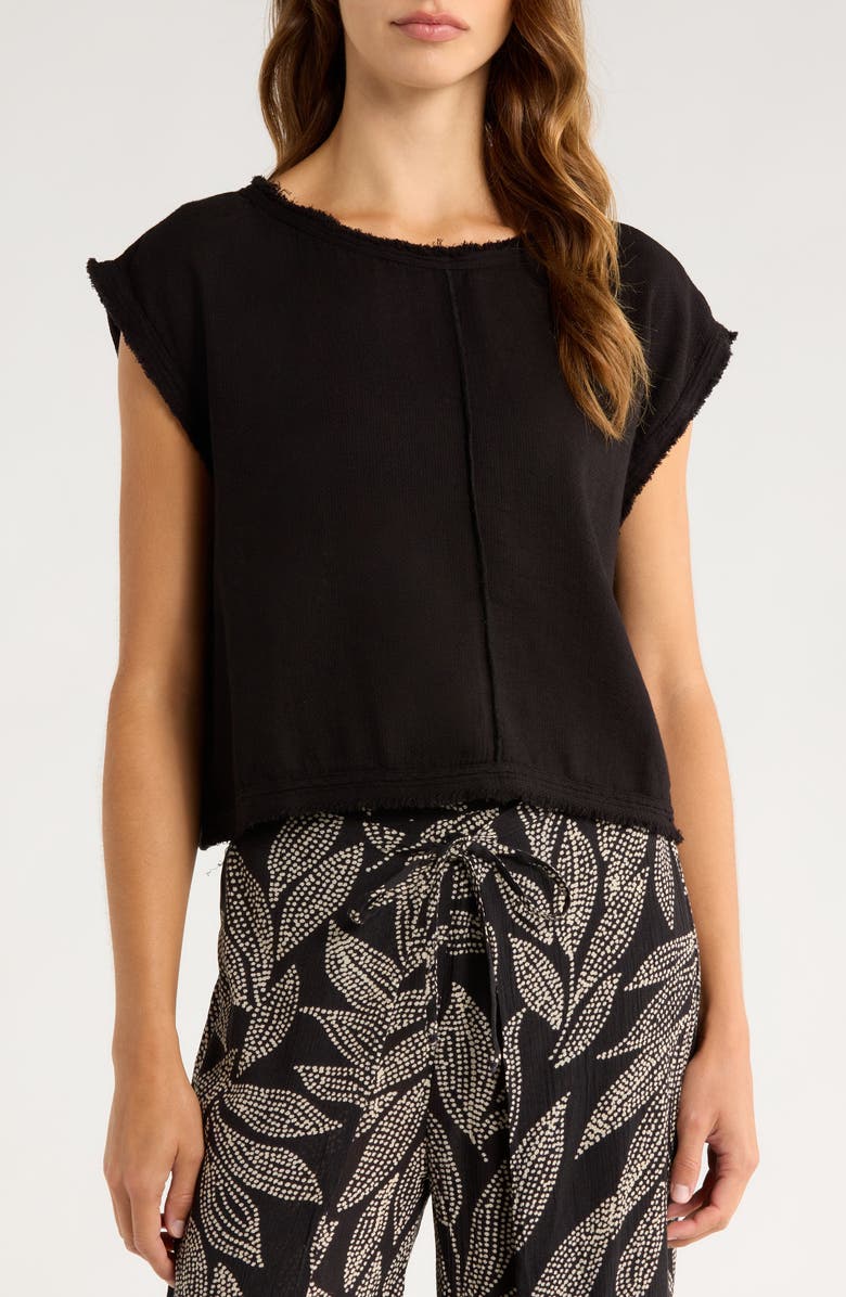 Elan Bali Fray Edge Cotton Cover-Up Crop Top, Main, color, Black