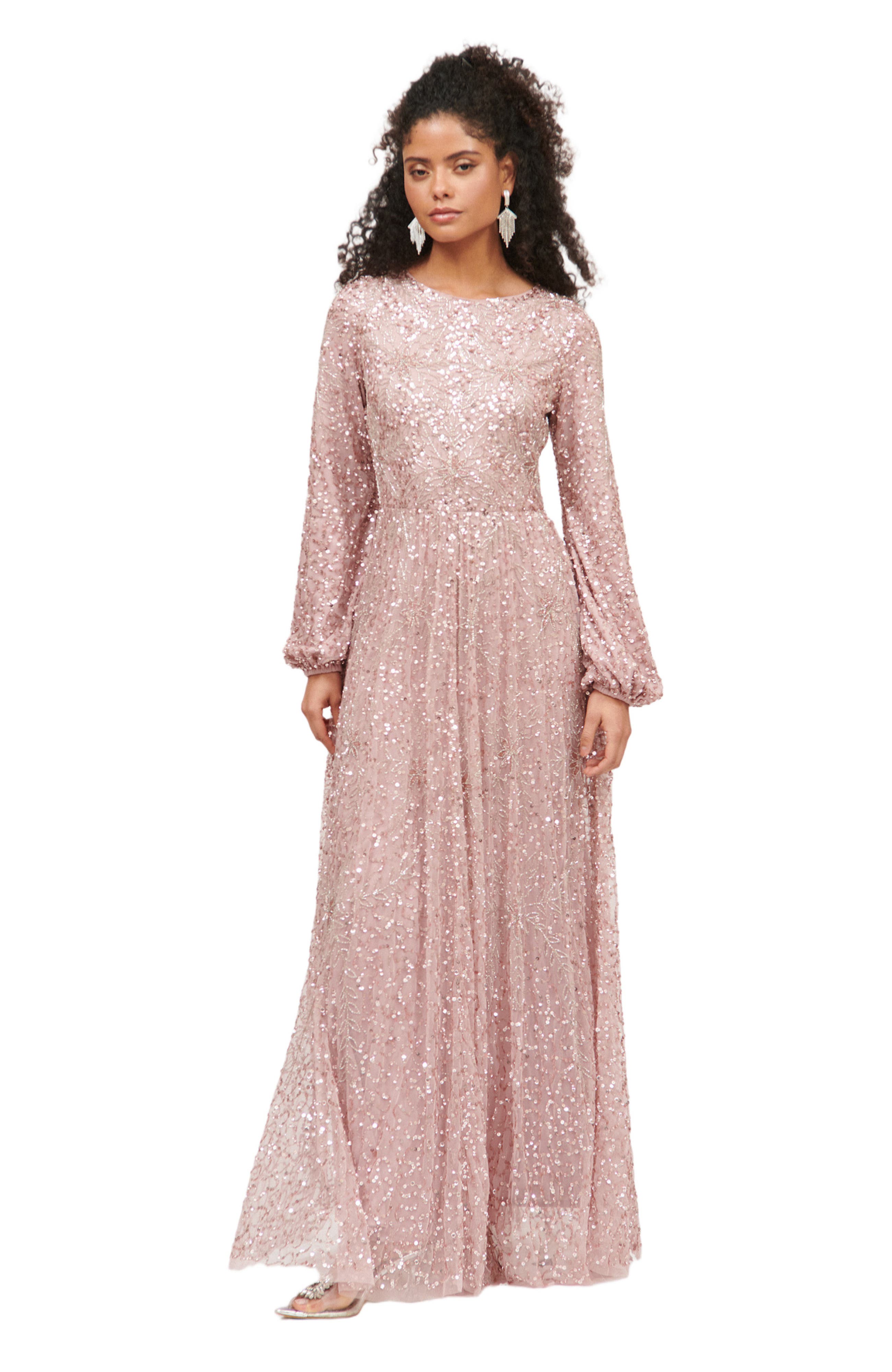 MARYISA Occasion Modest Embellished Sequin Beaded Floral Evening Dress in Frosted Pink 