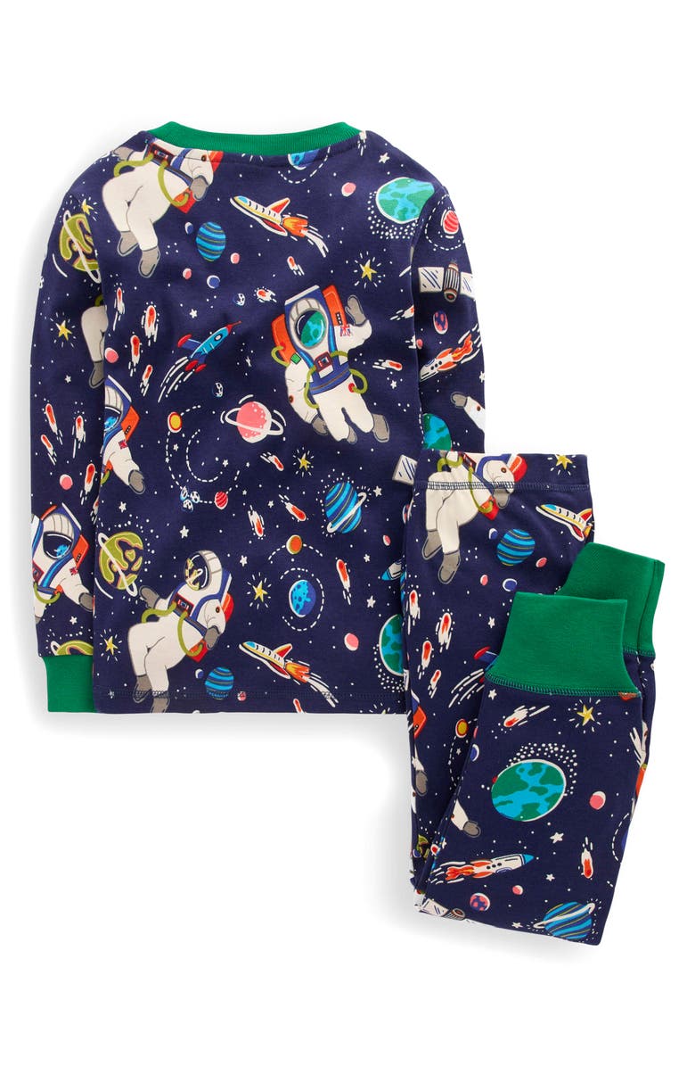 Boden Kids' Glow in the Dark Print Fitted Two-Piece Cotton Pajamas, Alternate, color, Medieval Blue Astro
