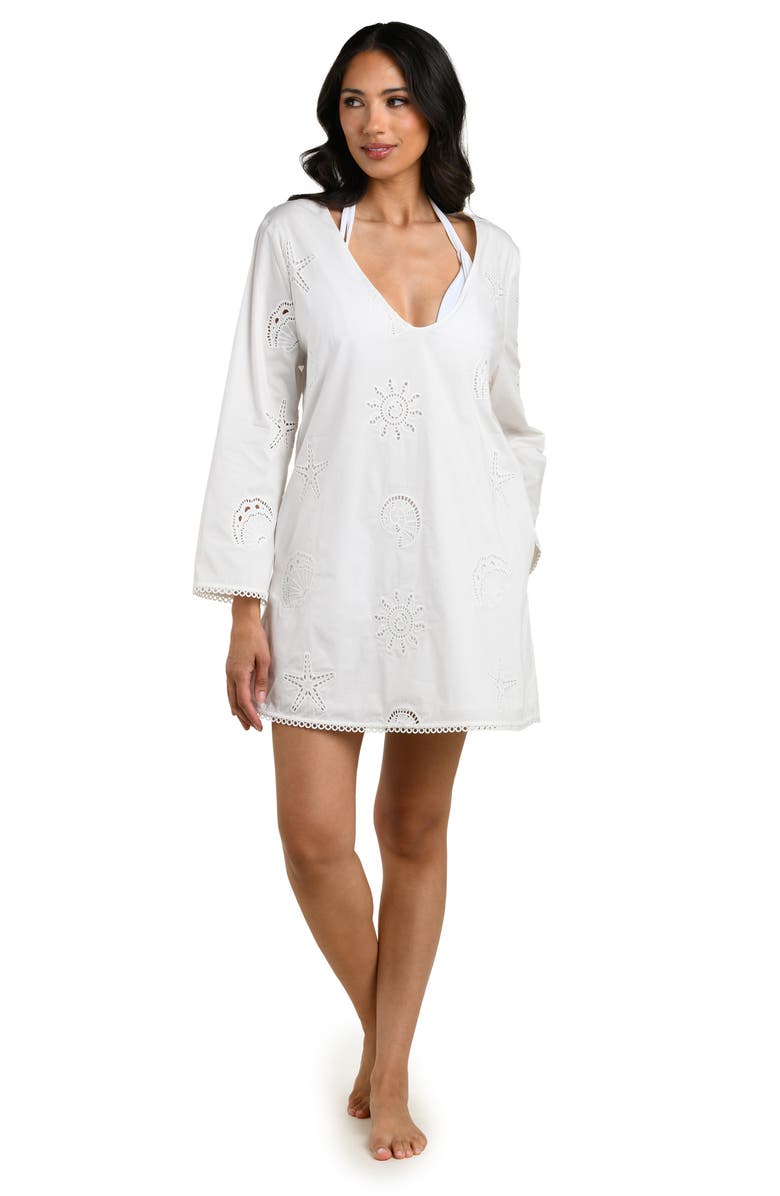 La Blanca Bayside Eyelet Stretch Cotton Cover-Up Tunic, Alternate, color, White
