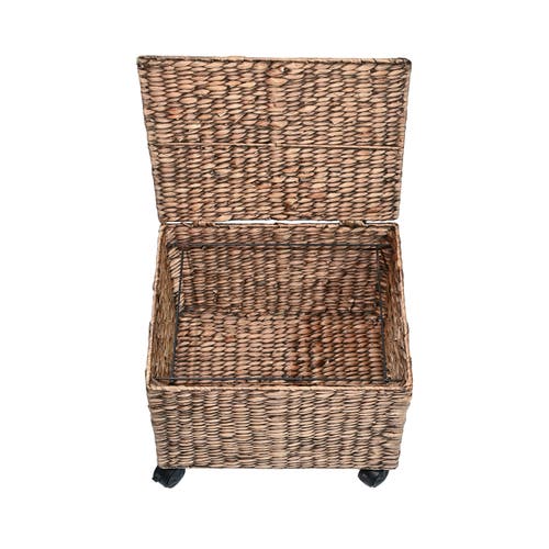 Happimess Ashton Classic Farmhouse Handwoven Hyacinth Rolling Filing Basket With Lid And 360 Degree  In Brown