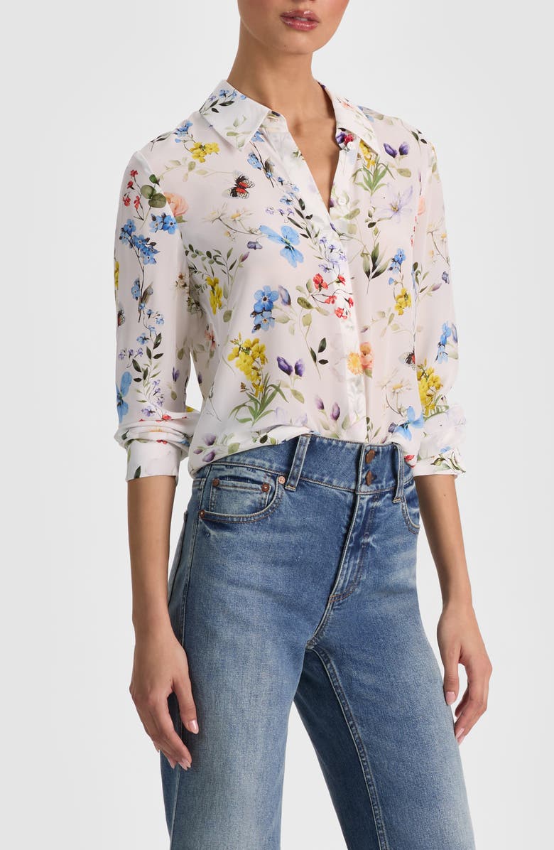 Alice + Olivia Willa Floral Silk Button-Up Shirt, Alternate, color, Twisting Vines Off White