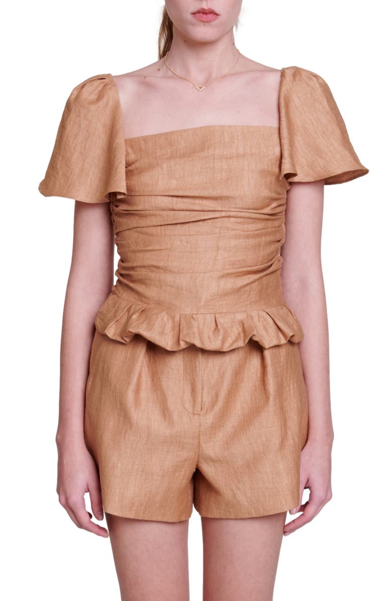 maje Lostan Smocked Ruffle Linen Blend Top, Main, color, 